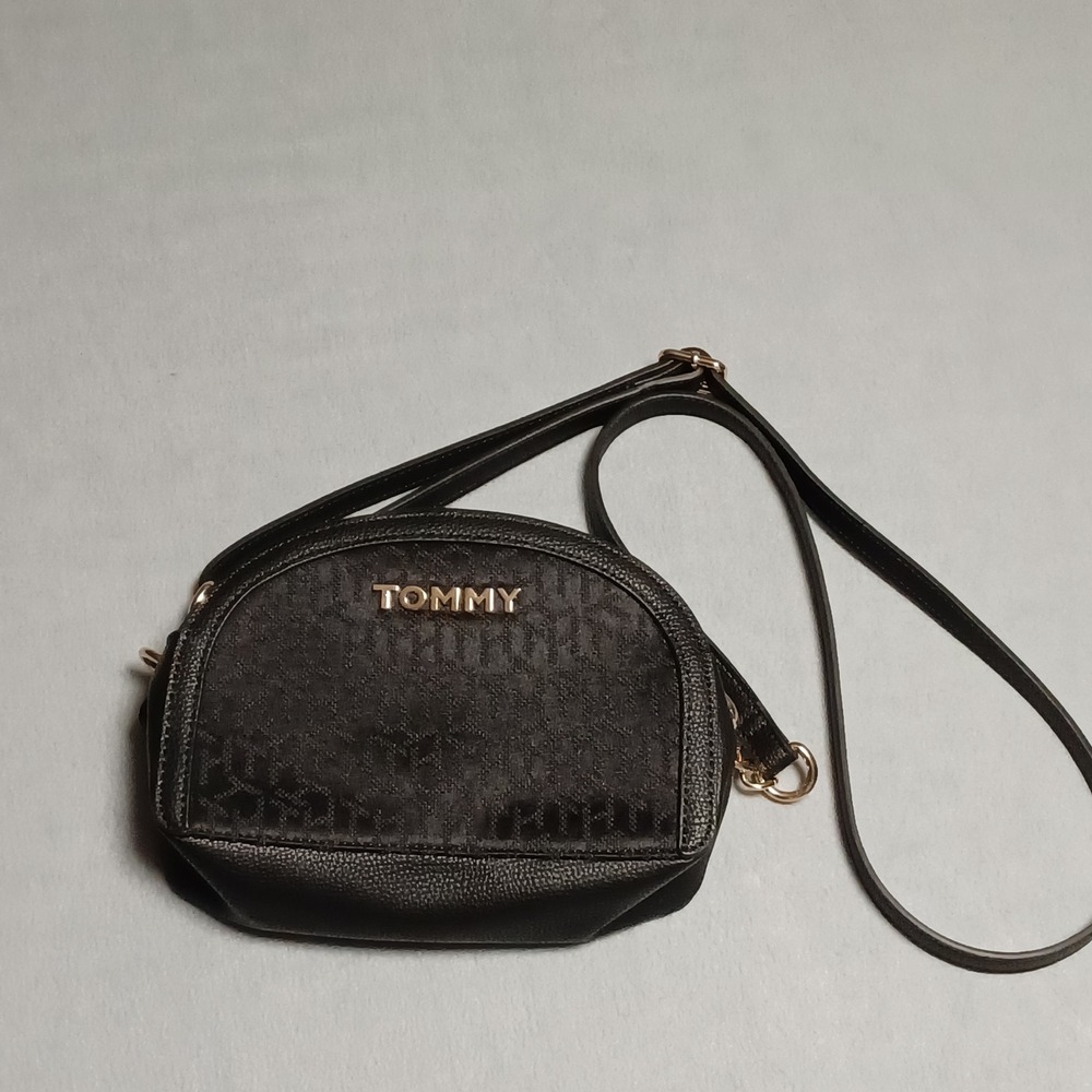 Tommy Hilfiger Black Monogram Crossbody Bag Dome Small Gold Logo Purse